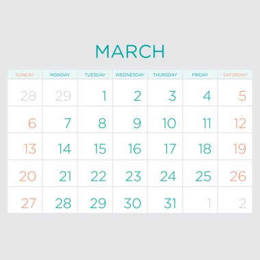 Vektör planlama takvim 2016. Mart.