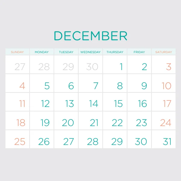 Calendario de planificación vectorial 2016. Diciembre . — Archivo Imágenes Vectoriales