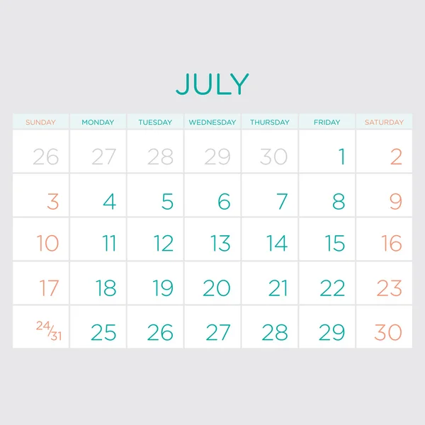 Calendario di pianificazione vettoriale 2016. Luglio. . — Vettoriale Stock