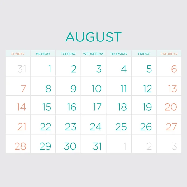 Vektorové Plánovací kalendář 2016. Srpen. — Stockový vektor