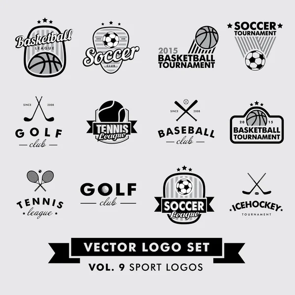 Retro Vintage Hipster Sport wektor Logo zestaw. Baseball, tenis, piłka nożna, piłka nożna, golf, hokej na lodzie, koszykówka. — Wektor stockowy