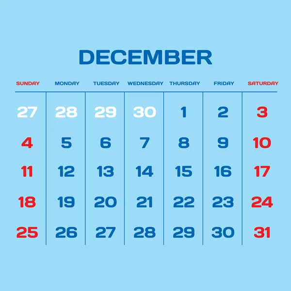 Vector planning calendar 2016. December. — Stock Vector