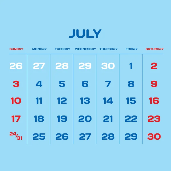 Vektorové Plánovací kalendář 2016. Červenec. — Stockový vektor