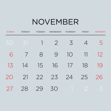 Vektör planlama takvim 2016. Kasım.