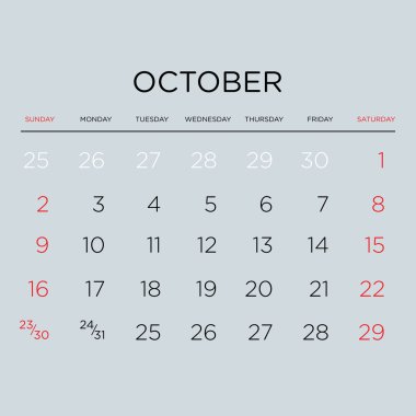 Vektör planlama takvim 2016. Ekim.