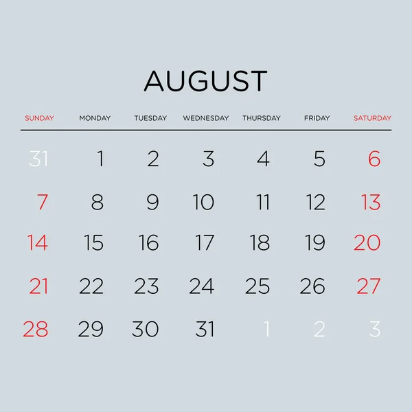 Calendario di pianificazione vettoriale 2016. Agosto . — Vettoriale Stock