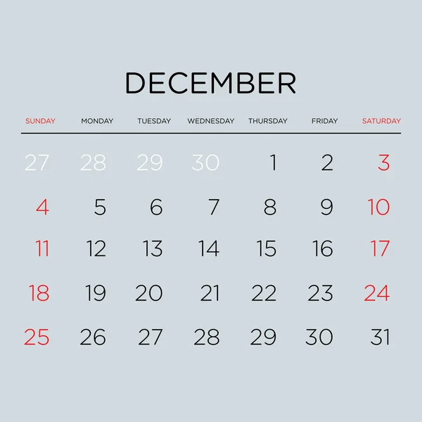 Calendário de planejamento vetorial 2016. Dezembro . — Vetor de Stock