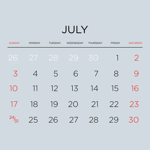 Calendario di pianificazione vettoriale 2016. Luglio. . — Vettoriale Stock