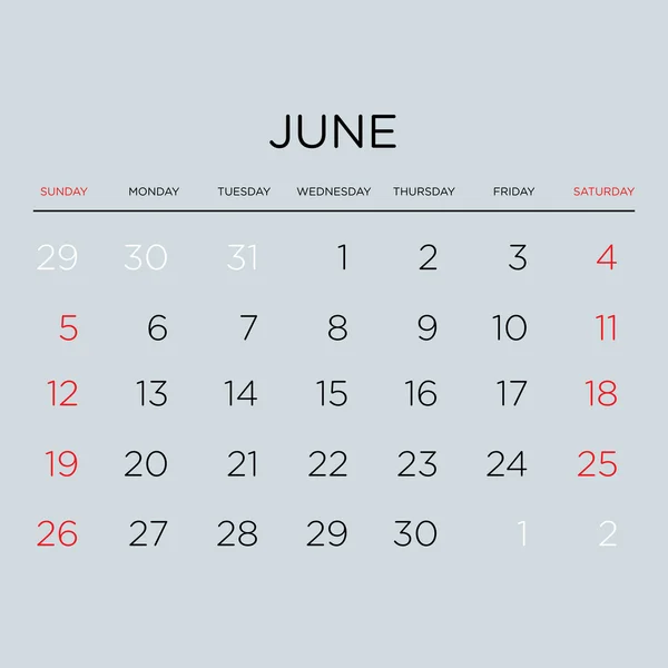 Calendrier de planification vectorielle 2016. Juin . — Image vectorielle