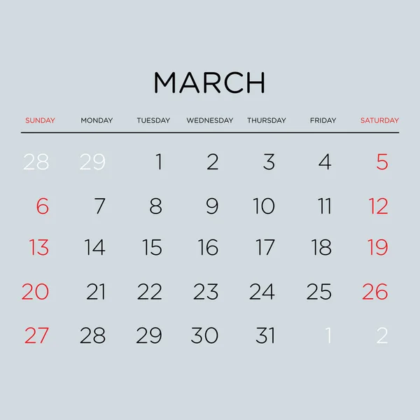 Calendario de planificación vectorial 2016. Marzo . — Archivo Imágenes Vectoriales