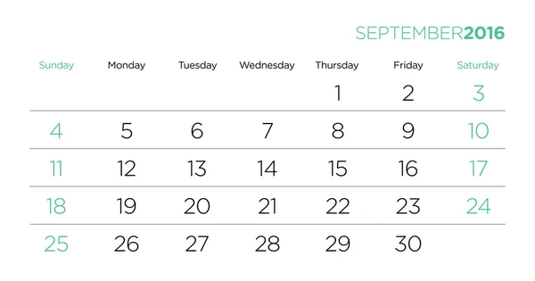 Takvim sayfaları şablon 2016 vektör. Eylül.