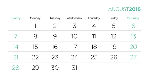 Takvim sayfaları şablon 2016 vektör. Ağustos.