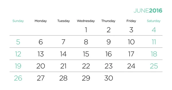 Plantilla vectorial páginas calendario 2016. Junio . — Vector de stock