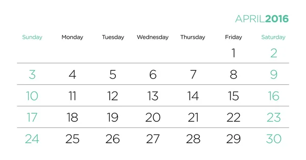 Takvim sayfaları şablon 2016 vektör. Nisan.