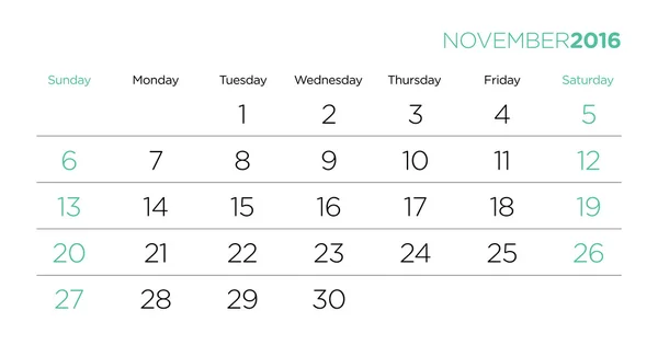 Takvim sayfaları şablon 2016 vektör. Kasım.