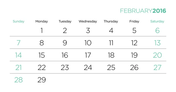 Calendar pages vector template 2016. February. — Stock Vector