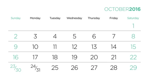 Takvim sayfaları şablon 2016 vektör. Ekim.