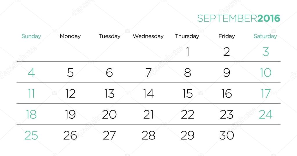 Calendar pages vector template 2016. September.
