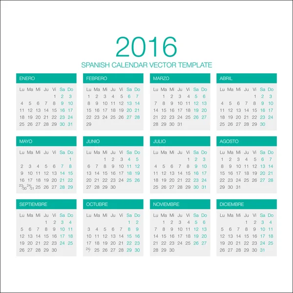 Calendario Spagnolo Vettore 2016 — Vettoriale Stock