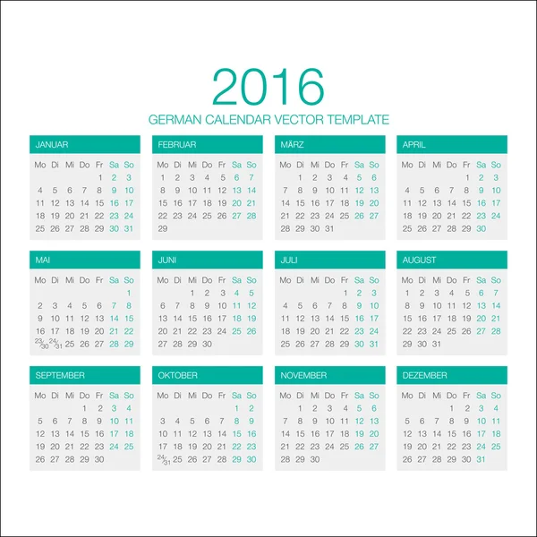 Calendario tedesco Vettore 2016 — Vettoriale Stock