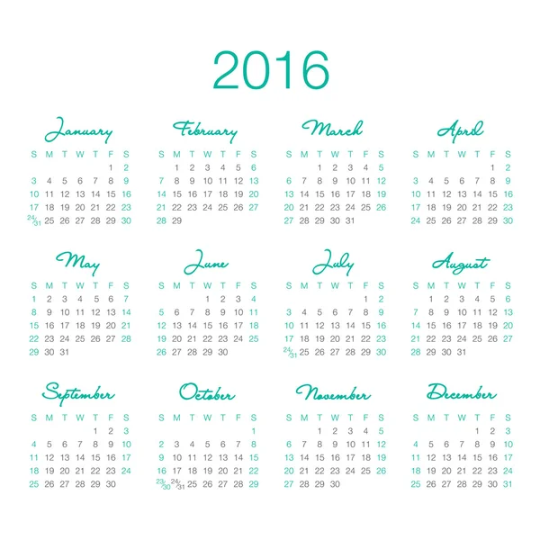 カレンダー ベクトル テンプレート 2016 — ストックベクタ