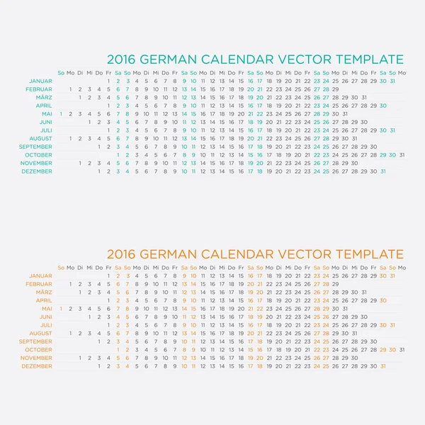 German Calendar Vector 2016 — Stock Vector