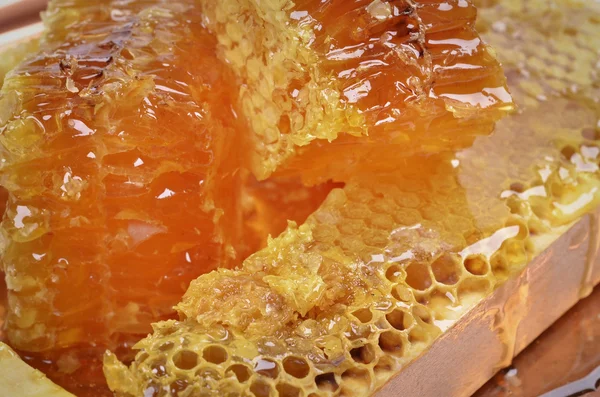 Fresh  honeycombs  and wooden stick — Stock Photo, Image