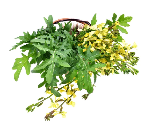 Hojas Frescas Rúcula Flores Amarillas Rúcula Sobre Fondo Blanco Aislado —  Fotos de Stock