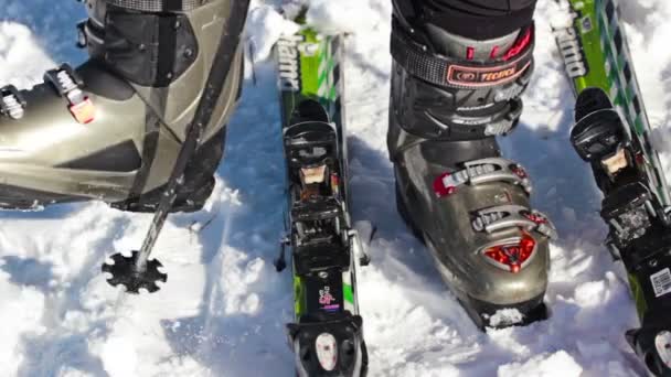 Skiier putting on skis — Stock Video