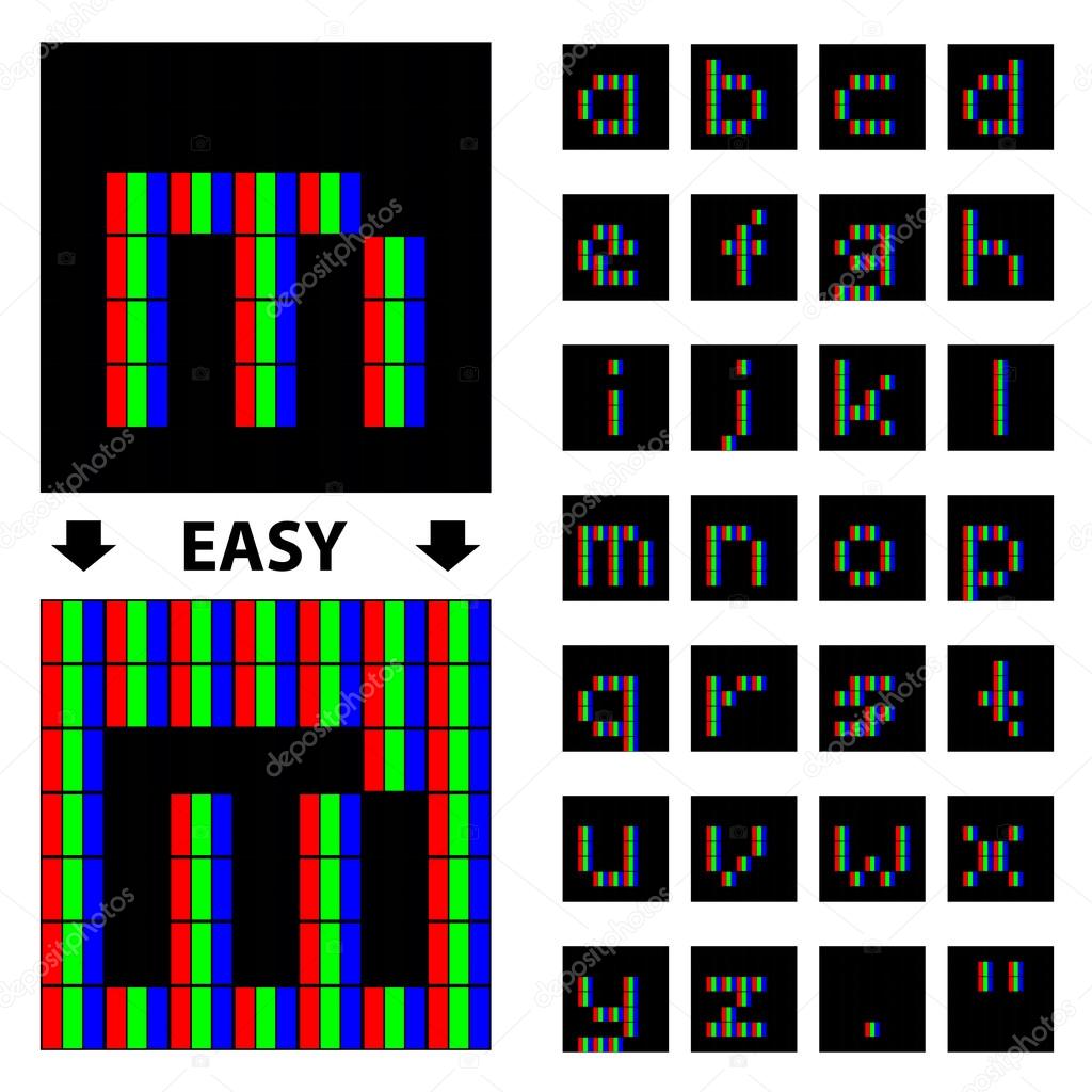 RGB pixel lower case font alphabet