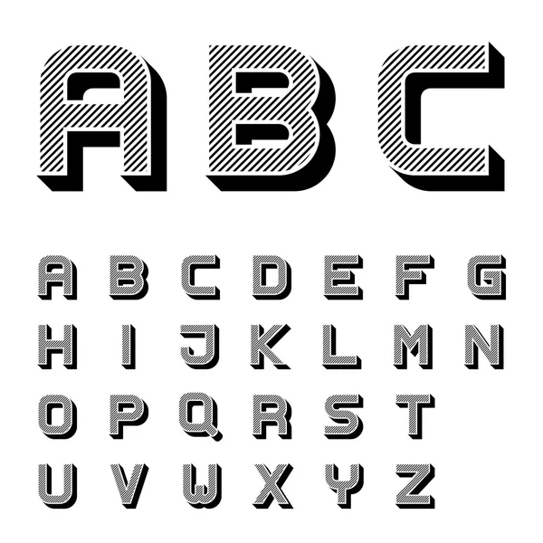 Letras do alfabeto de fonte listrada preto 3D — Vetor de Stock