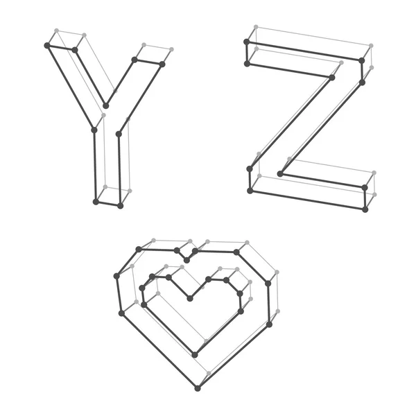 Letras del alfabeto fuente wireframe Y Z y signo de corazón — Vector de stock