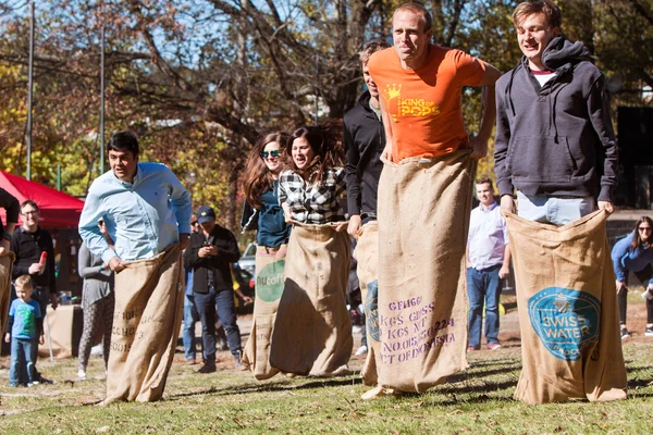 Adultos jóvenes compiten en la carrera de sacos en el Festival de Atlanta —  Fotos de Stock