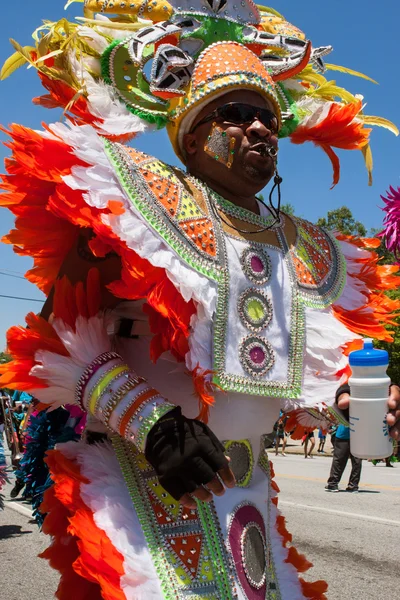 Homem vestindo trajes coloridos caminha em desfile celebrando a cultura caribenha — Fotografia de Stock