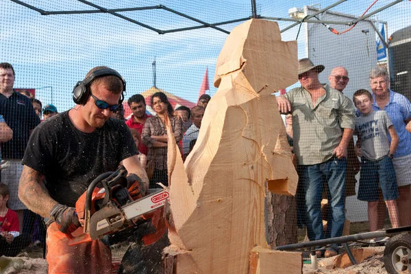 Ahşap köpek heykel Chainsaw heykeltıraş oluşturur — Stok fotoğraf