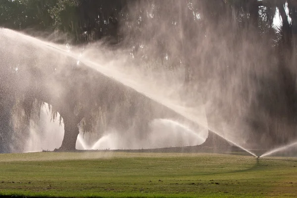 Sprinklers tuangkan air ke lapangan golf fairway — Stok Foto