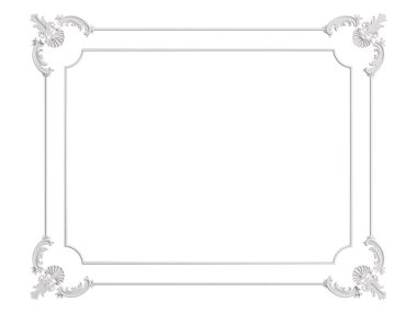 Beyaz arka planda izole edilmiş süs dekorlu klasik beyaz çerçeve. Dijital çizim. 3d oluşturma