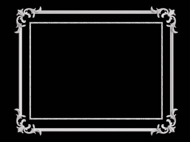 Siyah zemin üzerinde süs dekoru olan klasik beyaz çerçeve. Dijital çizim. 3d oluşturma