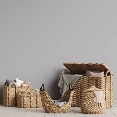 Boş gri odada yerde duran sepetler. Dijital illüstrasyon 3D görüntüleme.