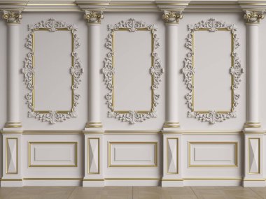 Küflü klasik iç duvar. Zemin parke herringa kemiği. Dijital çizim 3D.