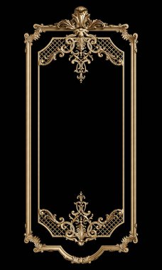 Siyah arka planda süslemeleri olan klasik altın çerçeve. Dijital çizim. 3d oluşturma