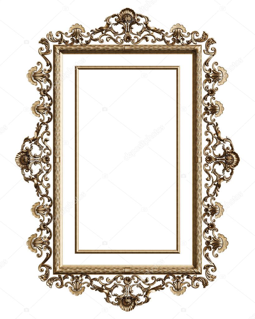 Classic golden frame with ornament decor isolated on white background. Digital illustration. 3d rendering