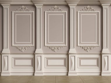 Küflü klasik iç duvar. Zemin parke herringa kemiği. Dijital çizim 3D.