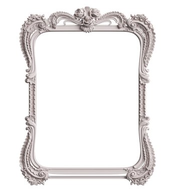 Beyaz arka planda izole edilmiş süs dekorlu klasik beyaz çerçeve. Dijital çizim. 3d oluşturma