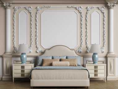 Klasik yatak odası, içinde kopya alanı var. Dijital illüstrasyon. 3d oluşturma