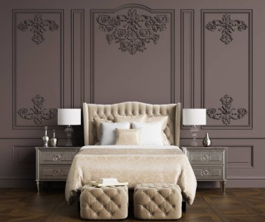 Klasik yatak odası, içinde kopya alanı var. Dijital illüstrasyon. 3d oluşturma