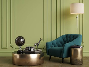 Yeşil renkli klasik iç mekan. Küflü duvarlar. Dijital Illustration.3d görüntüleme.