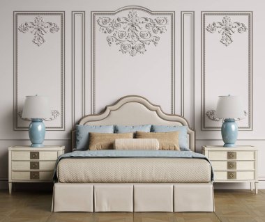 Klasik yatak odası, içinde kopya alanı var. Dijital illüstrasyon. 3d oluşturma