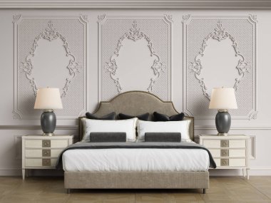 Klasik yatak odası, içinde kopya alanı var. Dijital illüstrasyon. 3d oluşturma