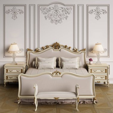 Klasik yatak odası, içinde kopya alanı var. Dijital illüstrasyon. 3d oluşturma